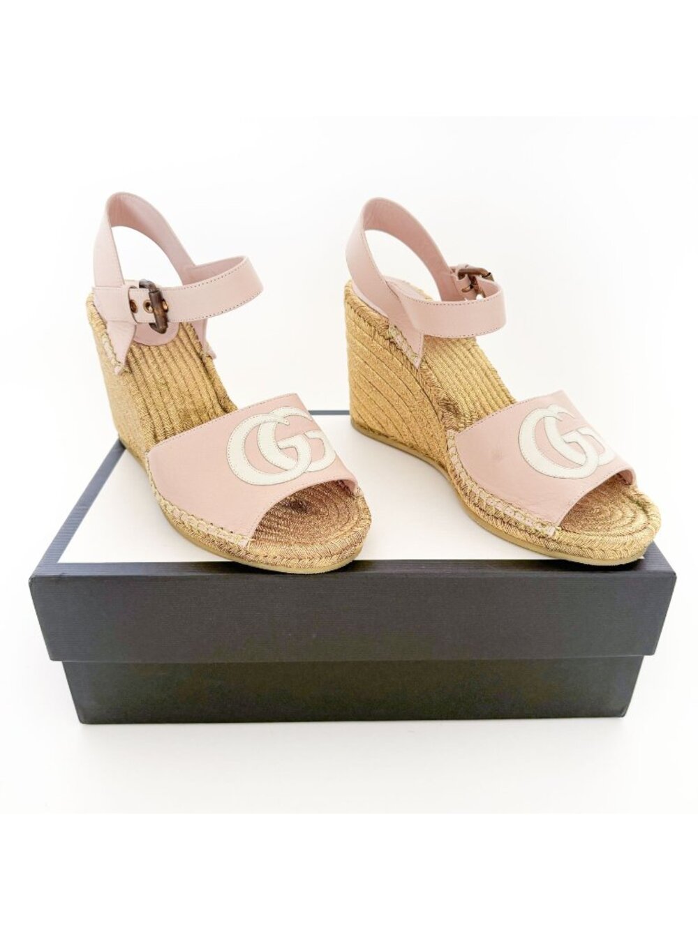 Gucci Flor GG Espadrille Wedge Sandals EU 39.5 US 9.5 Pink Gold Platform Heel